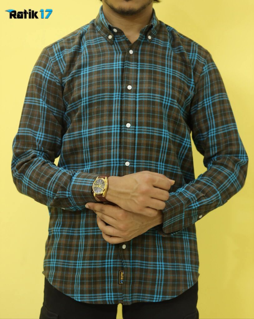 Men wearing chocolate and sky blue check cotton shirt
