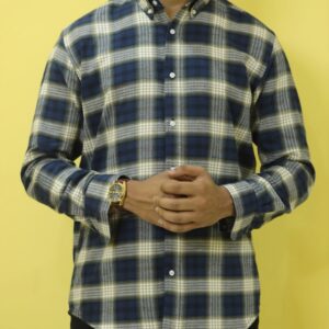 Men wearing navy check cotton shirt