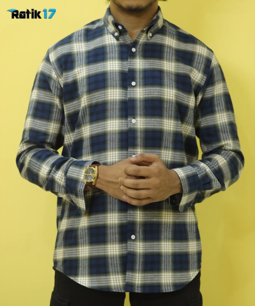 Men wearing navy check cotton shirt