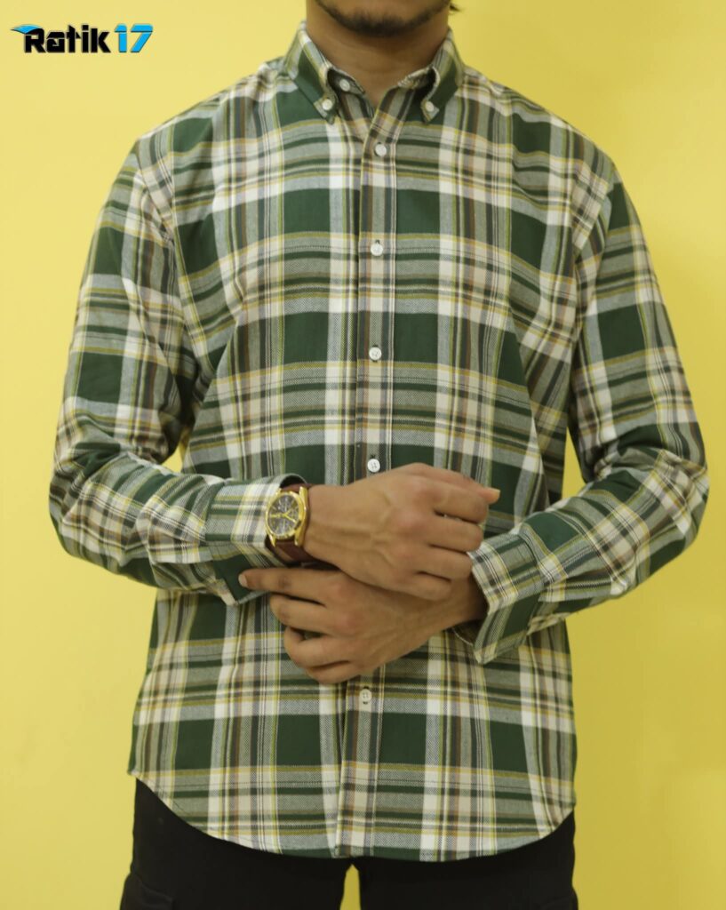 Men wearing olive check cotton shirt