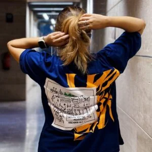 Women styling Blue Note Sketch oversized drop shoulder t-shirt