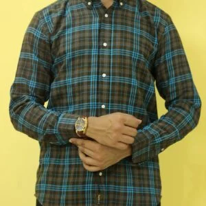 Men wearing chocolate and sky blue check cotton shirt